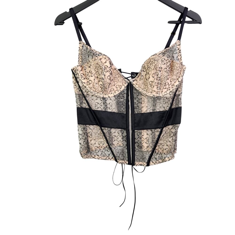 NWT Victorias Secret Floral Lace Up Corset Bra 36C Embroidered Nude Black Zipper